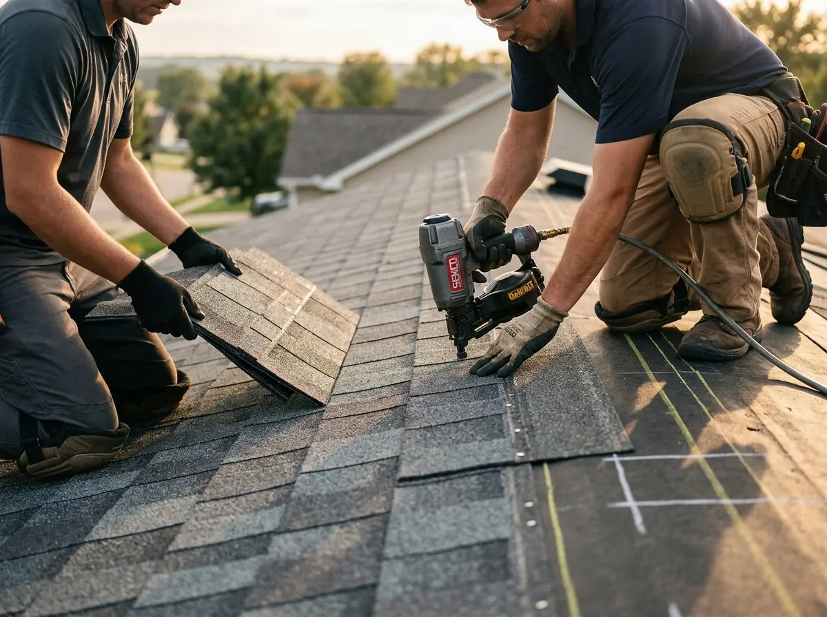 Professional roofer working on a residential roof in Traverse City